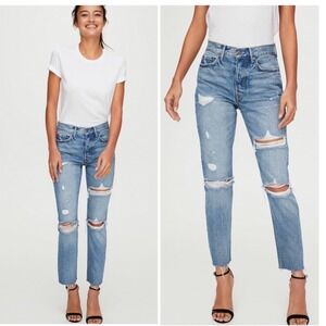 GRLFRND‎ Karolina high rise distressed straight leg cropped denim raw hem jeans